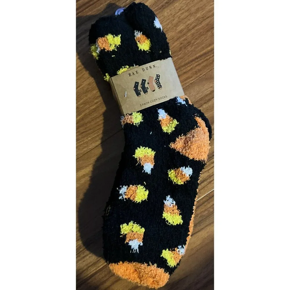 NEW $18 Rae Dunn 3 Pairs Fuzzy Cozy Halloween‎ Candy Coma Corn Socks Womens Gift